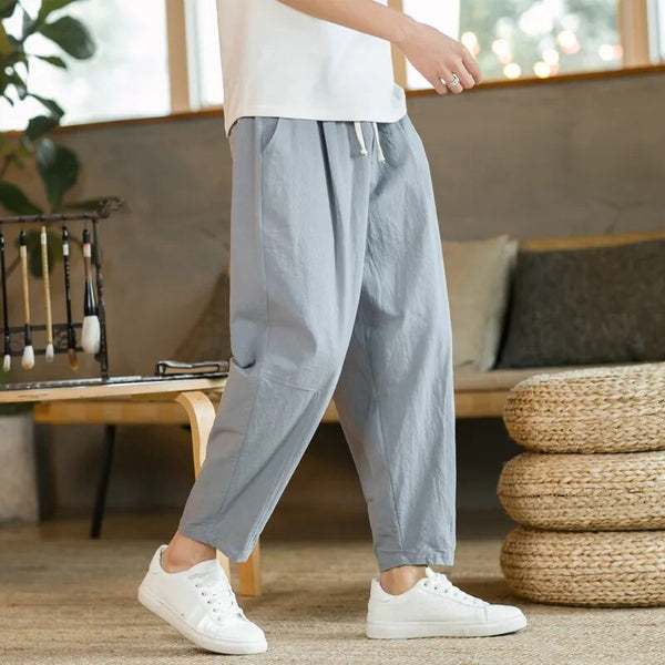 Linen Trousers - Men's Baggy Drawstring Loose Fit