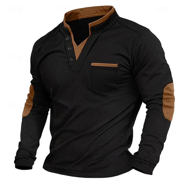 V Neck Jumper - Men's Elbow Patches Button Neck
