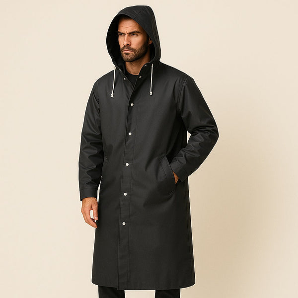 Men's Waterproof Raincoat | Long | Hooded | Press Studs