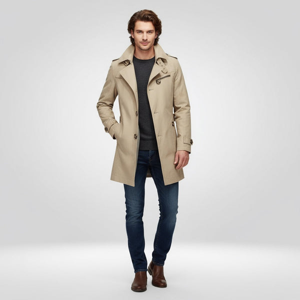 Men's Single-Breasted Trench Coat | Classic | Mid Length | Water Repellent