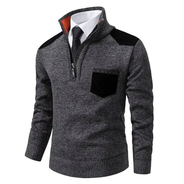 Men's Quarter-Zip Jumper | Knitted | Contrast Patches | Chest Pocket